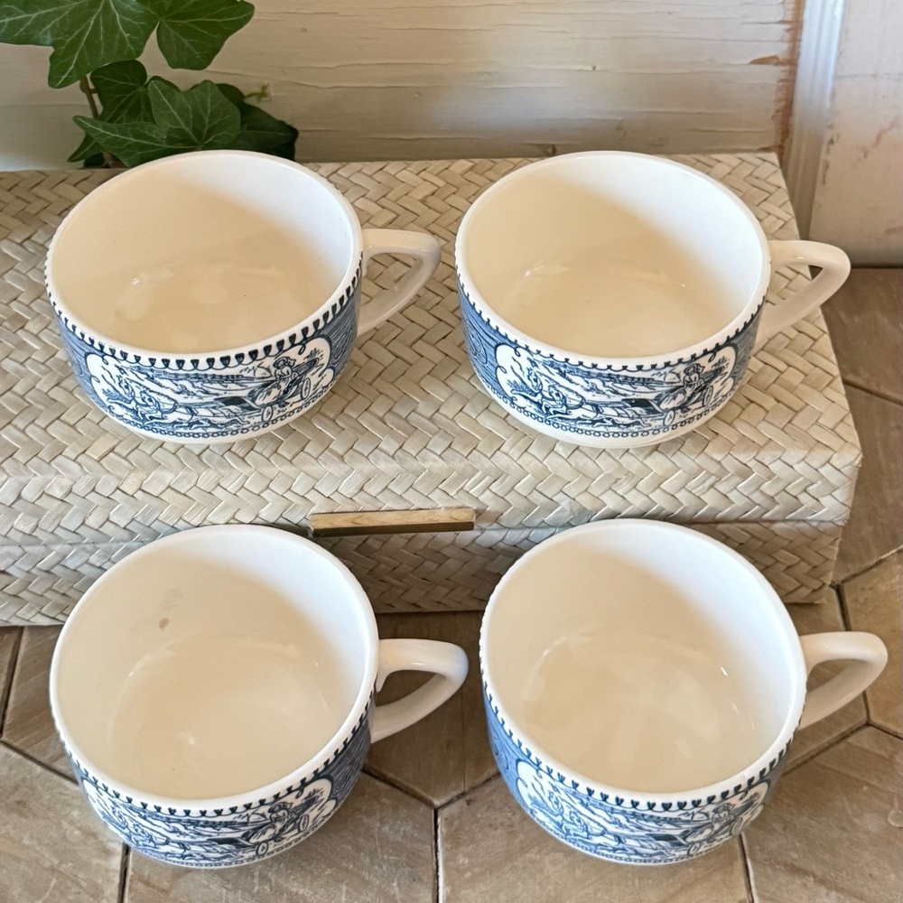 Vintage CURRIER AND IVES "Blue" Royal China Coffee/Tea Cups, SET/4 - Picture 4 of 7